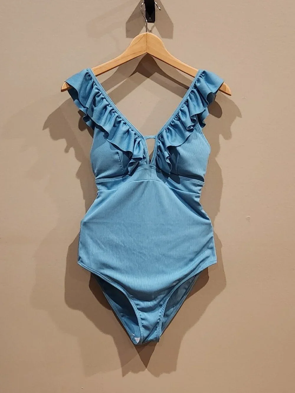 Blue Ruffle One Piece Swimsuit Women's Medium V Neck Swimwear